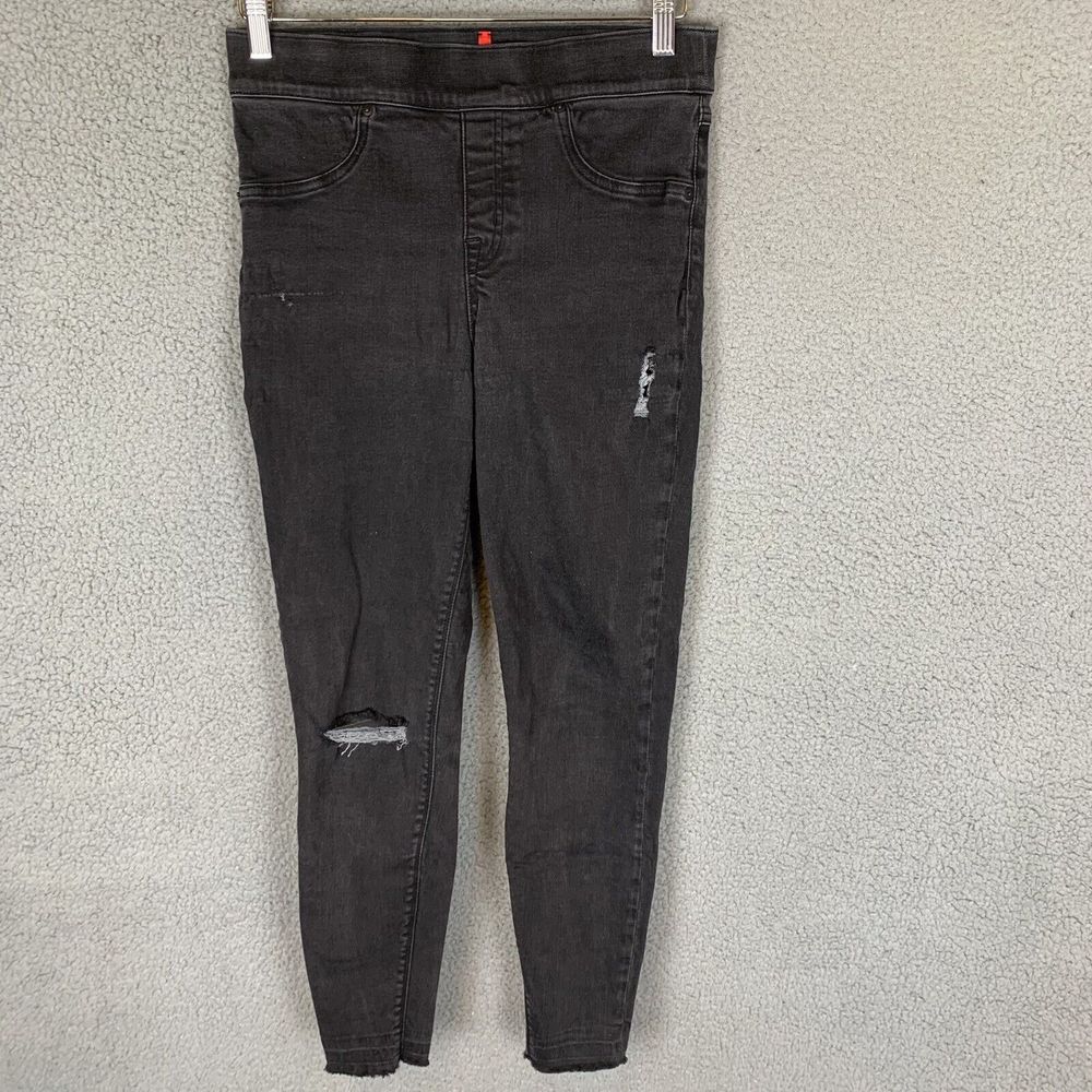 SPANX Jeans Womens Medium Gray Distressed Denim Pull On Skinny‎ Raw Hem